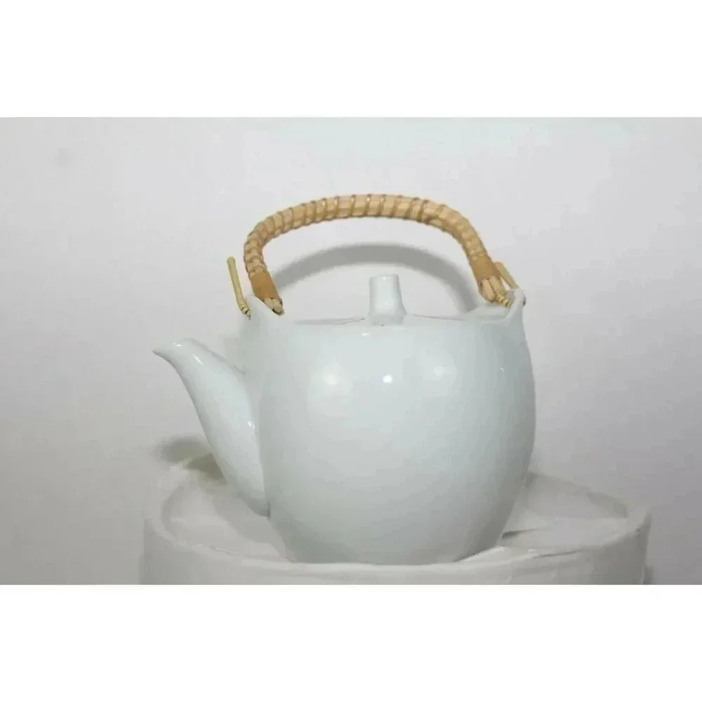 White Japanese bamboo handle tea pot 5in wide 5in tall